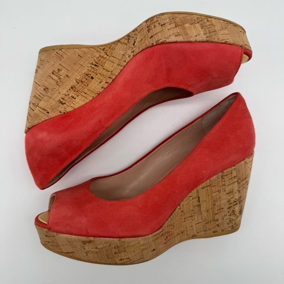 Stuart Weitzman Coral/Red Suede Peep Toe Wedge Heel Size 5.5 M - Picture 8 of 11